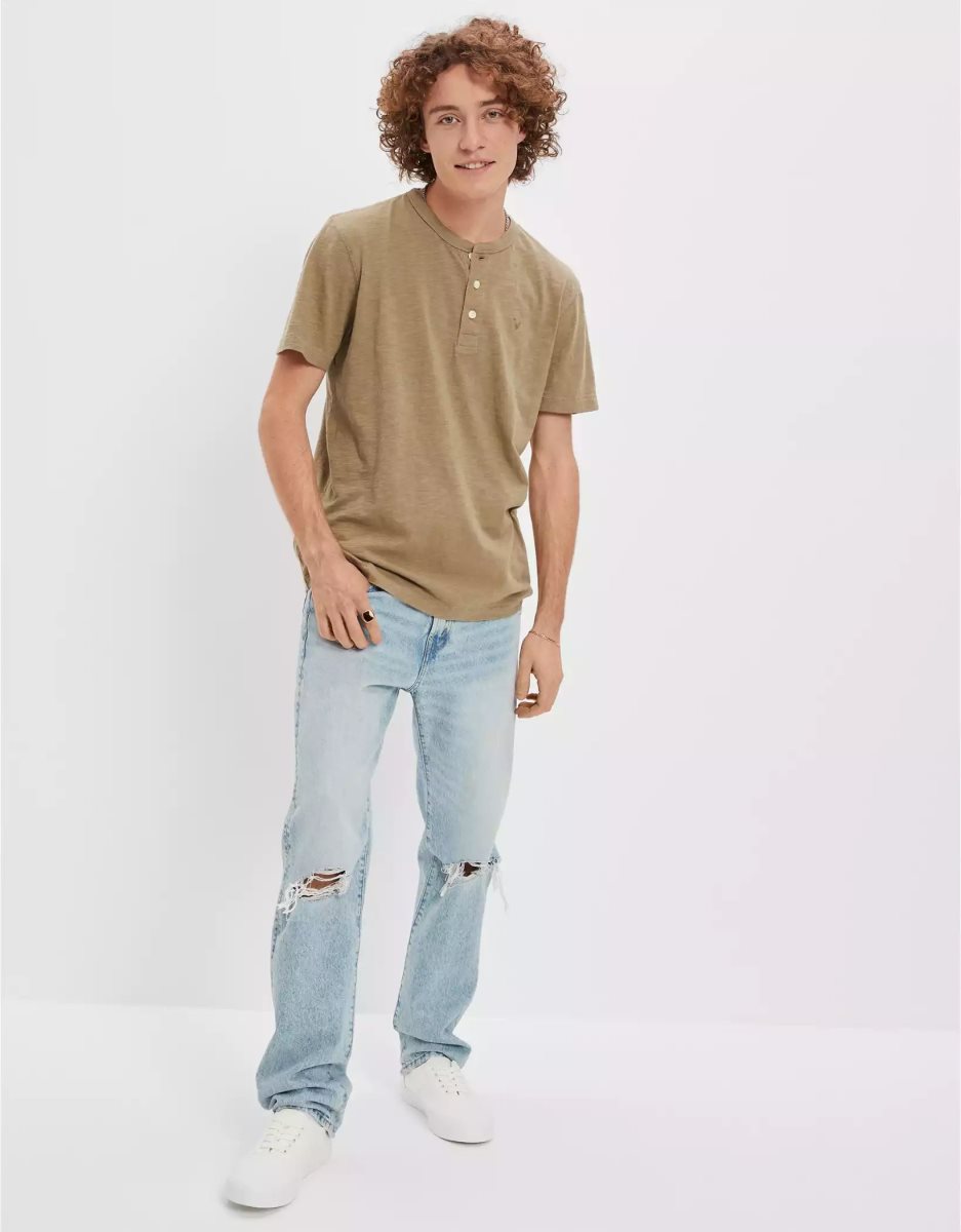 T Shirts American Eagle AE Super Soft Slub Henley Vert Olive Homme | WWU-31182115